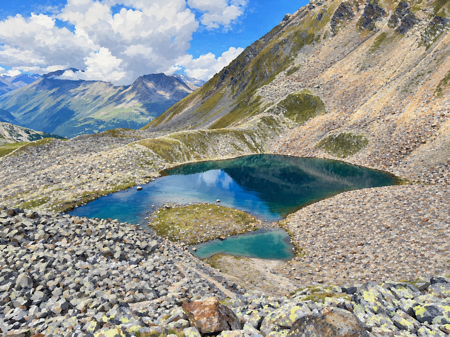 Illustration nach realer Fotoansicht des Unteren Seekarsees bei Sölden